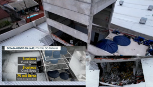 Esta imagem captura o cenário após o colapso de uma laje em um supermercado em Pontal do Paraná, Brasil. As três caixas de 15 mil litros e três de 10 mil litros, totalizando 75 mil litros, que anteriormente repousavam sobre a estrutura, agora jazem entre os escombros, destacando a gravidade do desabamento e a importância crítica da segurança e do cumprimento das normas de engenharia.