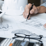 Engenheiro analisando plantas e cálculos estruturais