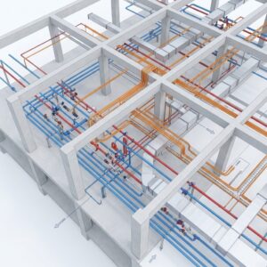 Maquete digital BIM de alta clareza, mostrando instalações hidráulicas, elétricas e estrutura de construção perfeitamente compatibilizadas e alinhadas.