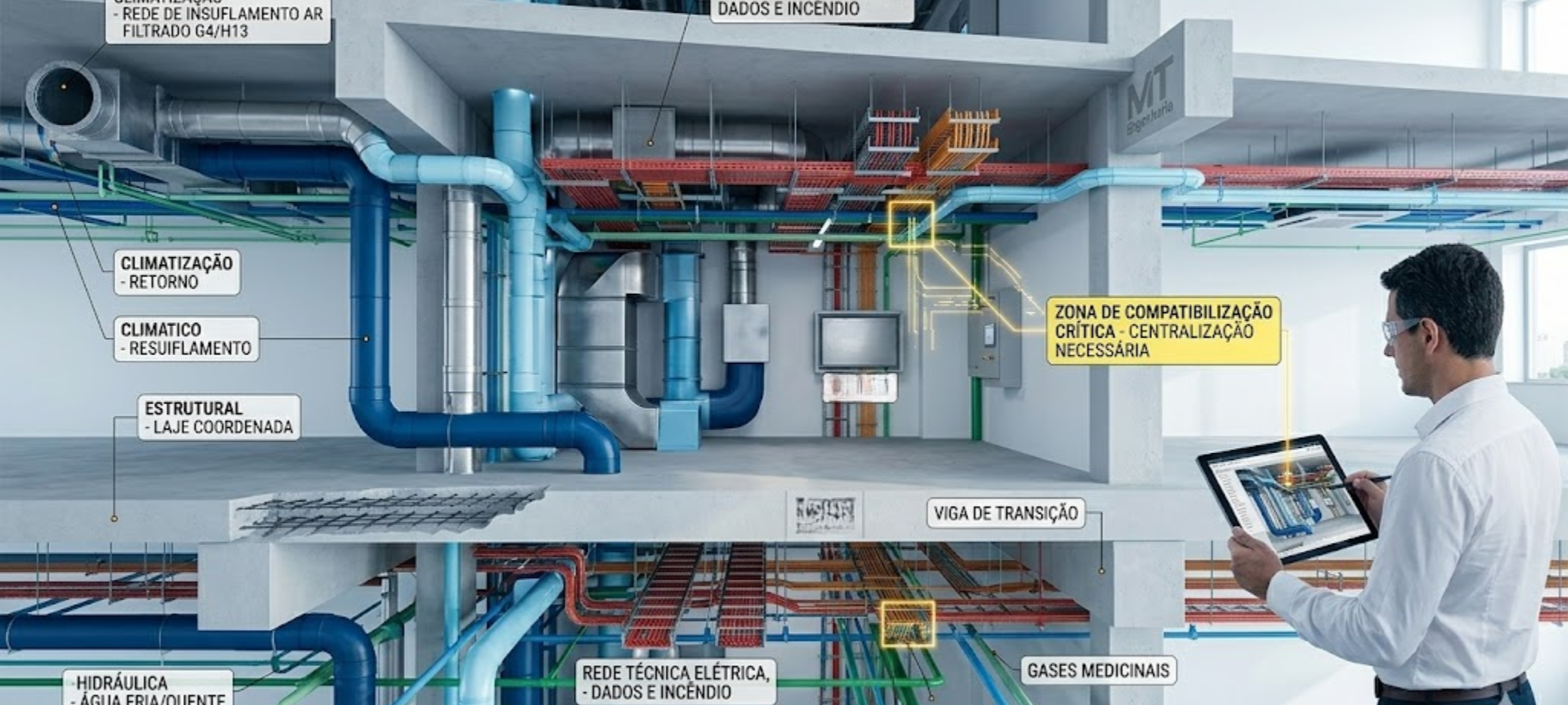 Vista em corte técnico de um complexo shaft hospitalar de múltiplos andares, demonstrando a compatibilização didática entre diversas disciplinas de engenharia. A imagem captura dutos de climatização (HVAC, azul), eletrocalhas densas com cabos de energia e dados (vermelho/laranja), tubulações hidrossanitárias (verde/azul) e gases medicinais (verde claro) convivendo em um espaço restrito ao redor de elementos estruturais (vigas, lajes). Call-outs técnicos e glowing lines identificam conflitos críticos e a necessidade de centralização via Projaxis. Um engenheiro (Eng. Evandro) supervisiona com um tablet mostrando um modelo BI