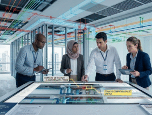 Equipe multidisciplinar da MT Engenharia, liderada pelo Eng. Evandro, analisando projetos complexos em uma mesa digital de alta tecnologia. A imagem mostra a coordenação técnica e a compatibilização em andamento, com desenhos técnicos e modelos BIM sendo discutidos em um ambiente profissional moderno. Call-outs na tela identificam "Conflito Detectado" e "Zona de Compatibilização Crítica", transmitindo responsabilidade e visão global na centralização da engenharia.