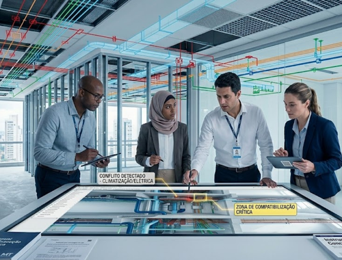 Equipe multidisciplinar da MT Engenharia, liderada pelo Eng. Evandro, analisando projetos complexos em uma mesa digital de alta tecnologia. A imagem mostra a coordenação técnica e a compatibilização em andamento, com desenhos técnicos e modelos BIM sendo discutidos em um ambiente profissional moderno. Call-outs na tela identificam "Conflito Detectado" e "Zona de Compatibilização Crítica", transmitindo responsabilidade e visão global na centralização da engenharia.