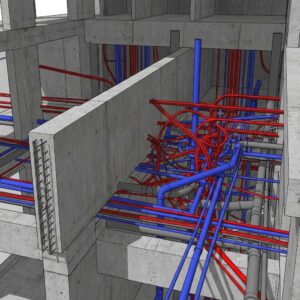 Ilustração 3D de conflito entre tubulações hidráulicas, conduítes elétricos e estrutura de concreto, representando a incompatibilidade de projetos complementares.