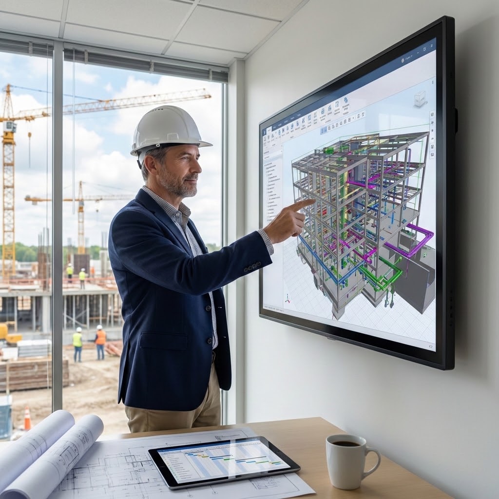 Engenheiro gestor olhando para uma tela de coordenação, que integra diagramas de projetos complementares (estrutura, elétrica, arquitetura), simbolizando a visão global.