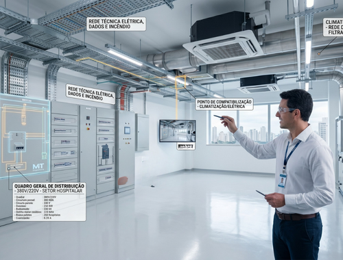 Fotografia profissional de uma sala técnica de hospital com infraestrutura elétrica e sistemas de climatização (HVAC) totalmente organizados e integrados. A imagem mostra quadros de distribuição, eletrocalhas densas com cabos de dados e energia, tubulações de ar-condicionado e equipamentos técnicos trabalhando em conjunto, transmitindo robustez técnica e precisão operacional.