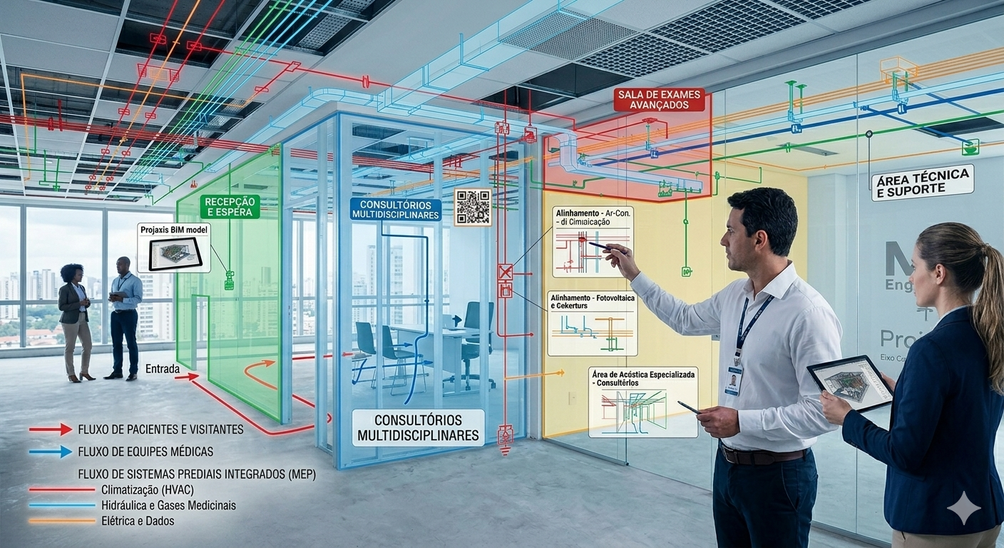 Diagrama técnico de layout operacional de uma clínica moderna em Curitiba. A imagem destaca as zonas coloridas (recepção, consultórios, sala de exames e área técnica) com setas dinâmicas indicando os fluxos integrados de pacientes, equipes médicas e sistemas prediais (MEP) como climatização, hidráulica e elétrica. A composição reforça que o projeto depende do entendimento da operação