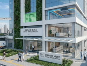 Fachada de um complexo médico moderno e funcional em Curitiba, representando o resultado final de um projeto de engenharia bem desenvolvido. A imagem mostra o edifício concluído com sobreposições técnicas sutis que identificam os sistemas de gases medicinais, fotovoltaica e climatização operando em harmonia. No primeiro plano, o Eng. Evandro observa o empreendimento com satisfação, transmitindo confiança, alto desempenho e segurança técnica.