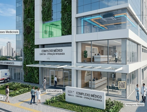 Fachada de um complexo médico moderno e funcional em Curitiba, representando o resultado final de um projeto de engenharia bem desenvolvido. A imagem mostra o edifício concluído com sobreposições técnicas sutis que identificam os sistemas de gases medicinais, fotovoltaica e climatização operando em harmonia. No primeiro plano, o Eng. Evandro observa o empreendimento com satisfação, transmitindo confiança, alto desempenho e segurança técnica.