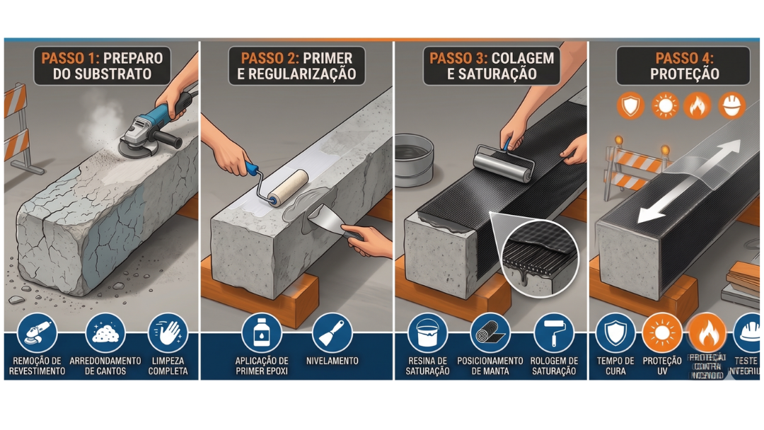 Infográfico ilustrando os 4 passos para aplicação de reforço com fibra de carbono em viga de concreto: preparo do substrato, primer e regularização, colagem e saturação, e proteção final.