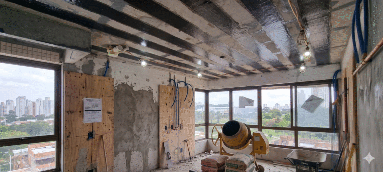 Interior de uma obra em edifício mostrando o teto de uma laje de concreto reforçada com faixas paralelas de fibra de carbono. O ambiente contém equipamentos de construção como betoneira amarela, sacos de cimento e janelas amplas com vista para a cidade.
