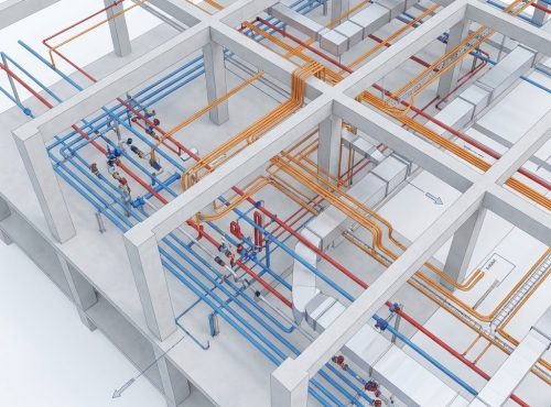 Maquete digital BIM de alta clareza, mostrando instalações hidráulicas, elétricas e estrutura de construção perfeitamente compatibilizadas e alinhadas.