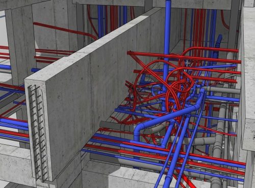 Ilustração 3D de conflito entre tubulações hidráulicas, conduítes elétricos e estrutura de concreto, representando a incompatibilidade de projetos complementares.