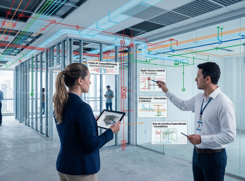 Visualização técnica e elegante de um ambiente hospitalar moderno em fase de projeto, mostrando a sobreposição de plantas complementares (elétrica, climatização, hidráulica) e a integração multidisciplinar da engenharia especializada.