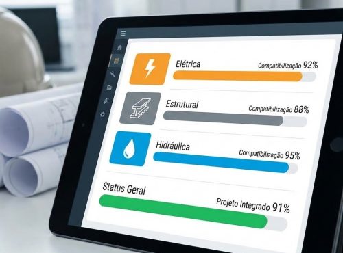 Close-up de um painel (dashboard) digital de gestão de projetos (como o Projaxis), mostrando o acompanhamento e status de compatibilização das disciplinas de engenharia.